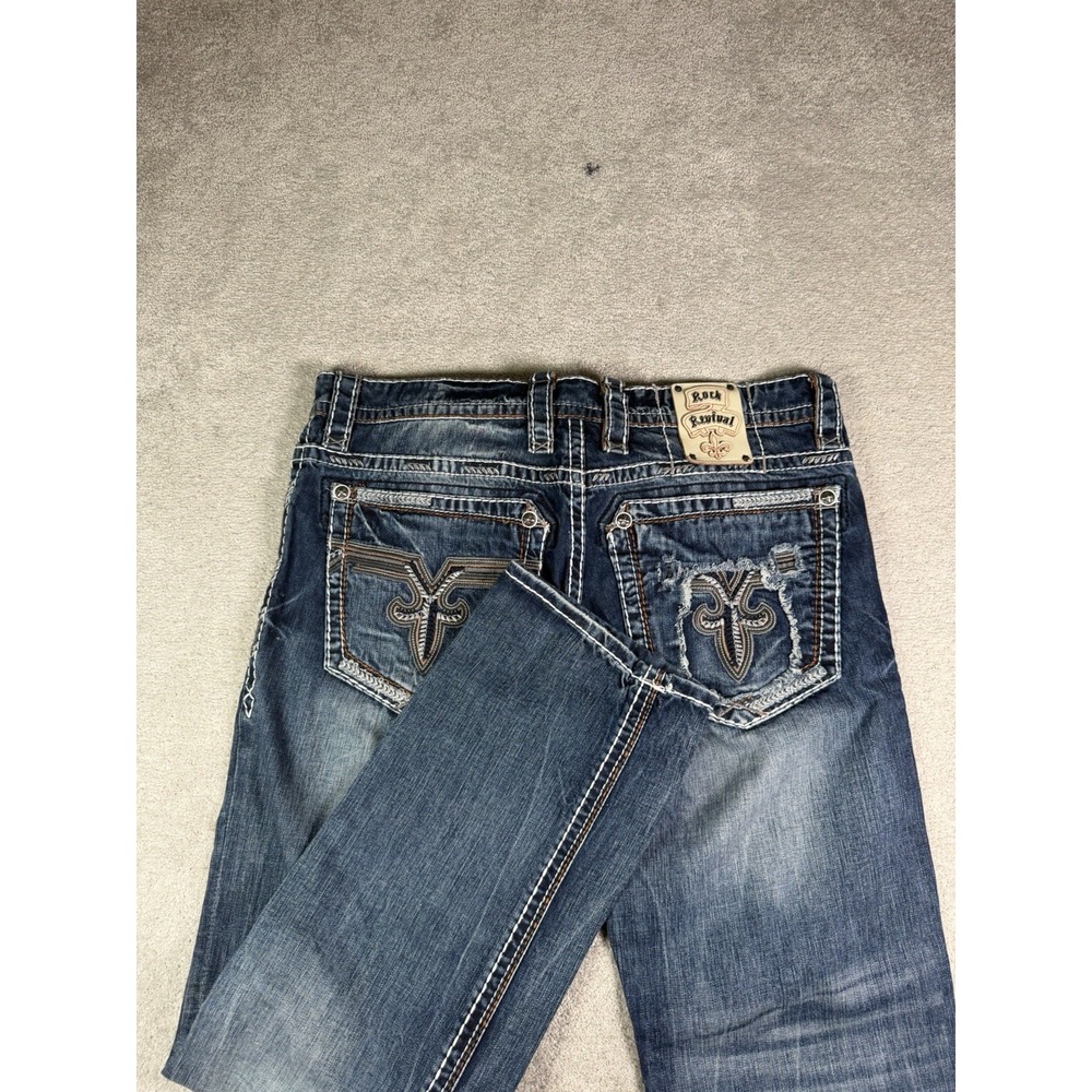 Rock Revival Yielia Alt Straight Jeans Men's 36* Blue Distressed Embroidered Y2K